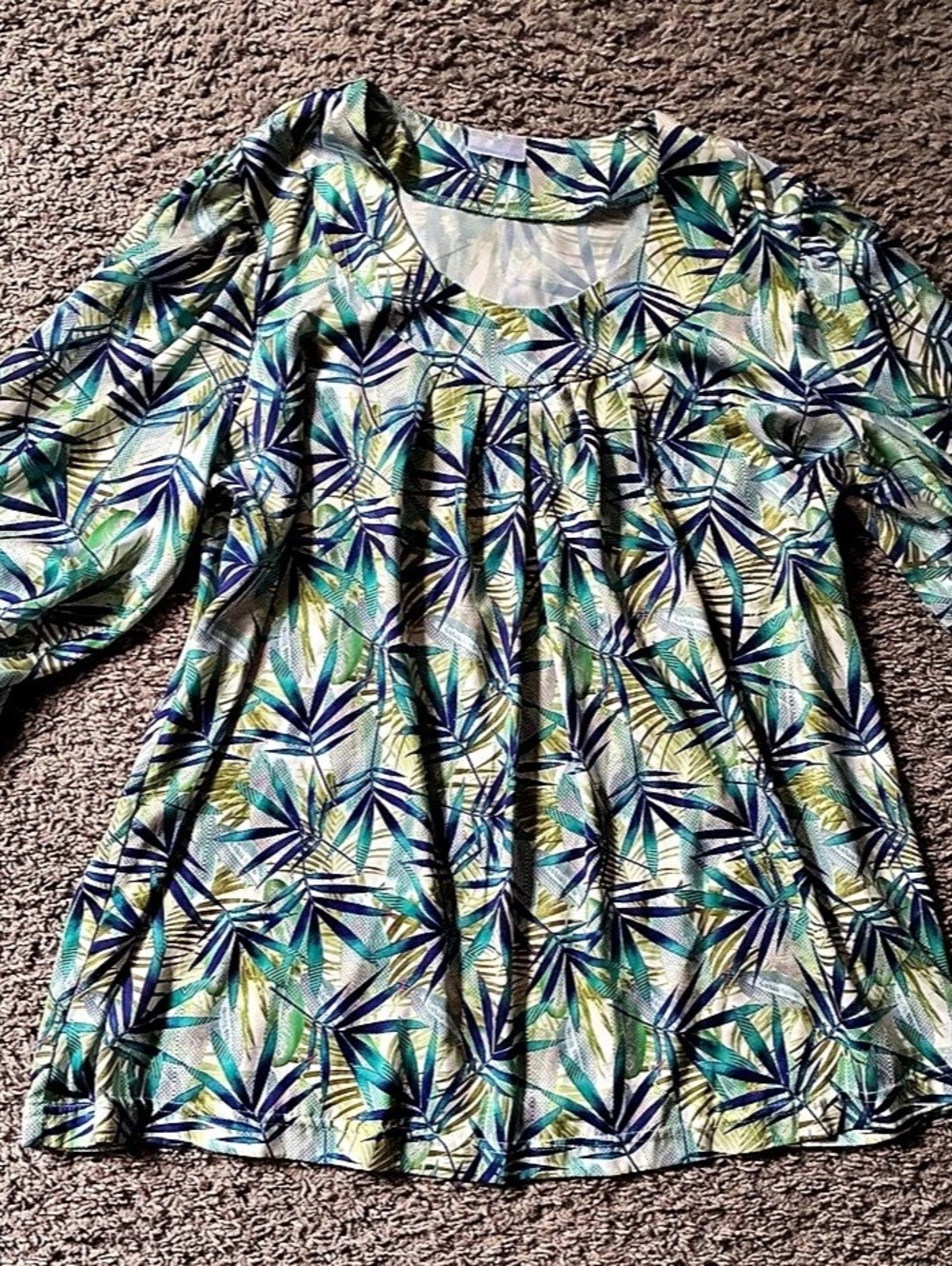 Sedagyl Tropical Palm Leaf Print Blouse 3/4 Balloon Sleeve Pleated Tunic
